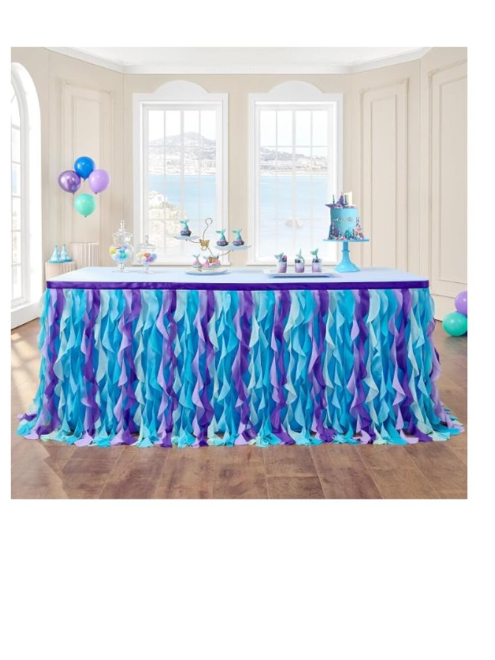 Mermaid Curly Willow Tulle Ruffle Table Skirt (Purple and Teal)